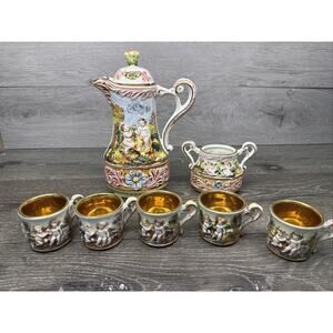 Vintage Capodimonte Coffee Pot Set Demitasse Espresso Cups Cherubs~7 Pc Set